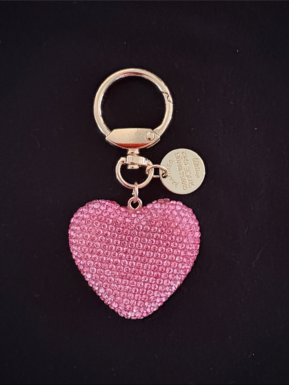 Beautiful Pink Crystal Heart Keychain Bag Charm with Gold-Tone Hardware